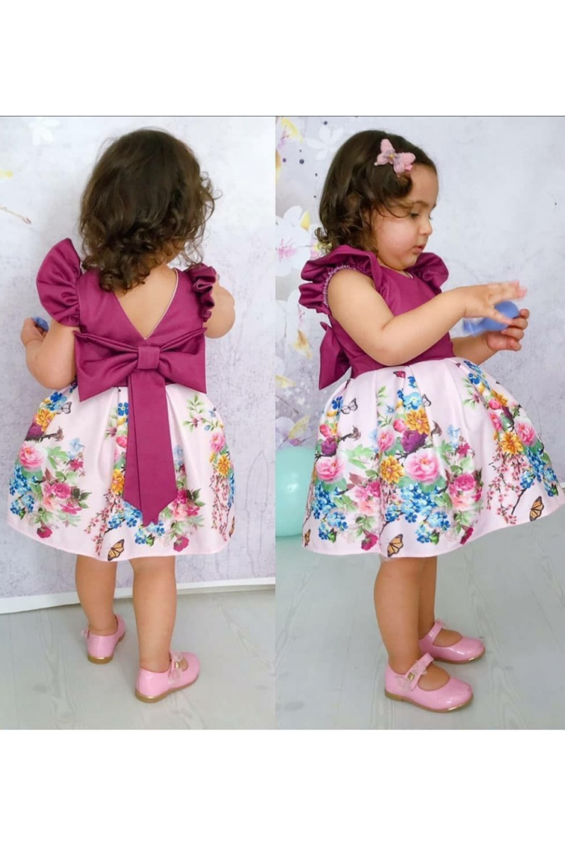 فستان بناتي منفوش - طباعة زهور ، بنفسجي